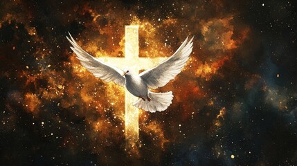 A white dove flying over a cross. Concept of peace and hope. The dove is a symbol of peace and the cross represents the Christian faith. The combination of the two elements creates a serene