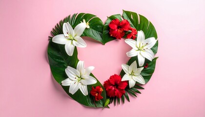 Heart-shaped floral arrangement with white lilies, red hibiscus, and green tropical leaves