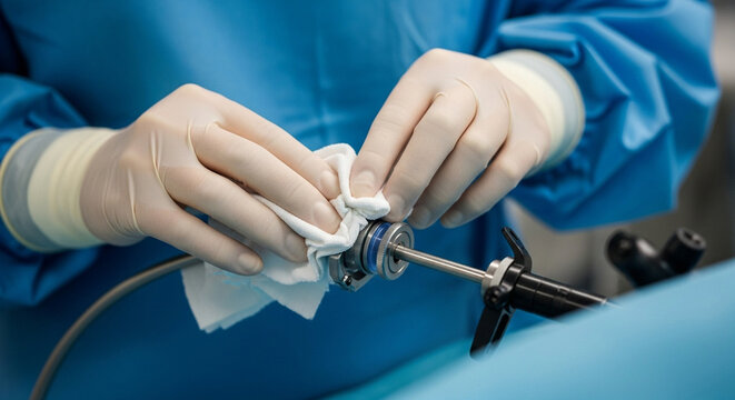Close-up of a surgeon's gloved hands meticulously cleaning a surgical instrument, likely an endoscope, in preparation for a medical procedure.