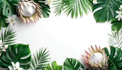 Lush tropical frame of green leaves, exotic flowers around white background