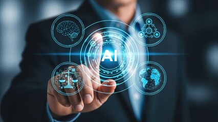 Businessman interacting with a futuristic AI interface, surrounded by icons representing technology, ethics, and global impact.