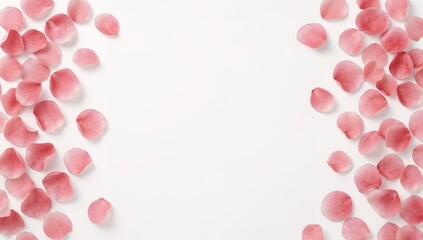 Fototapeta premium A delicate scattering of soft pink rose petals forming elegant borders on a clean white background, evoking romance and beauty
