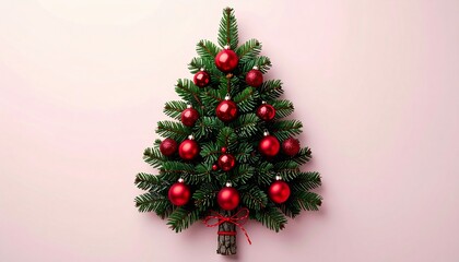 A festive evergreen tree, adorned with red ornaments, set against a pink backdrop