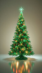 Festive green winter background featuring a decorated Christmas tree with pine needles, ornaments, and a star for a merry New Year celebration