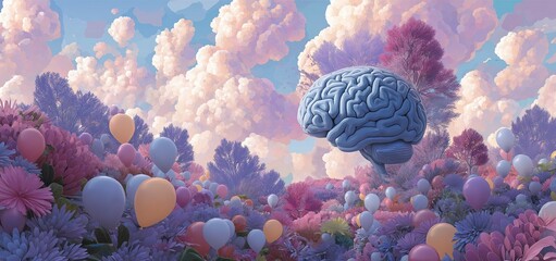 Surreal Brain in Pastel Balloon Garden, Dreamy Cognitive Landscape