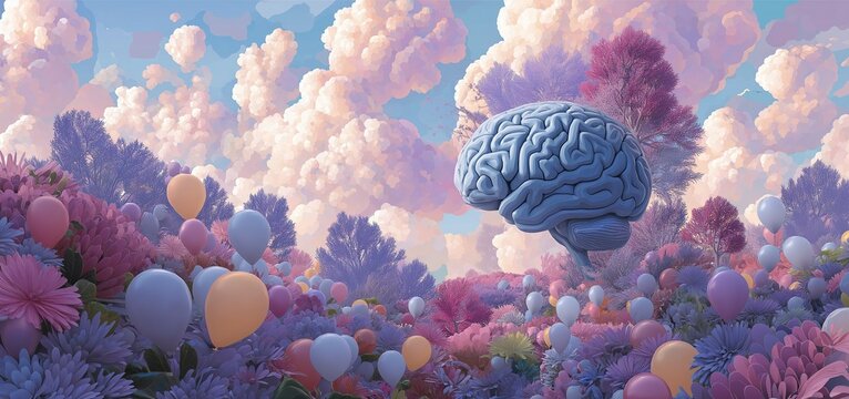 Surreal Brain in Pastel Balloon Garden, Dreamy Cognitive Landscape