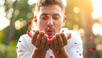A person is shown blowing red heart shaped confetti from their hands into the air outdoors.