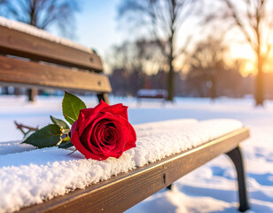 A single red rose lies on a snowy park bench during a quiet winter morning.