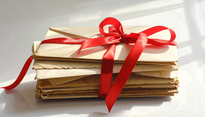 A stack of vintage love letters is tied together with a red silk ribbon on a desk.