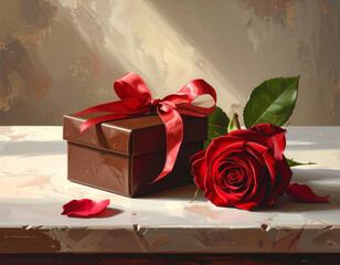A small chocolate box with a red ribbon sits next to a single red rose on a table.