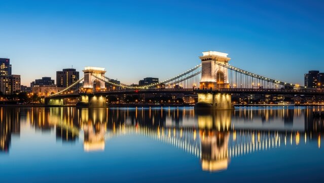 Evening view of budapest's chain bridge reflecting over danube river with illuminated cityscape - Powered by Adobe