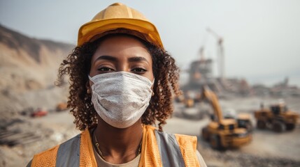 Female construction worker wearing a mask and hard hat on a busy site