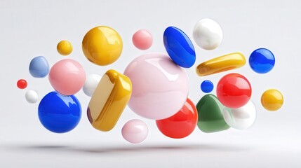 abstract creativity concept with floating colorful objects isolated on white background