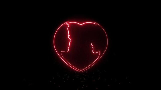 Abstract Neon Lines Morphing into Man and Woman Love Silhouette on Dark Background
