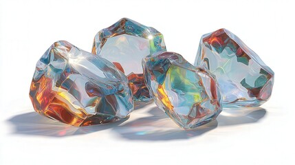 abstract crystal glass shapes with light reflections isolated on white background