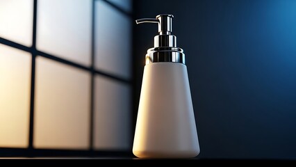 white soap dispenser bottle with silver pump on countertop near window