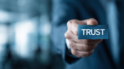 Businessman holding a blue card with the word TRUST written in white letters