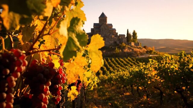 Vineyard panorama with ripe grapes and historical monastery at sunset during the harvest season
