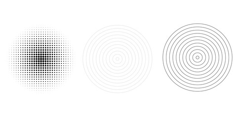 PrintHalftone gradient circles collection. Dots textured round patterns. Cartoon comic radial faded background set. Abstract pixelated elements for frame, poster, collage, banner, flyer. Vector bundle