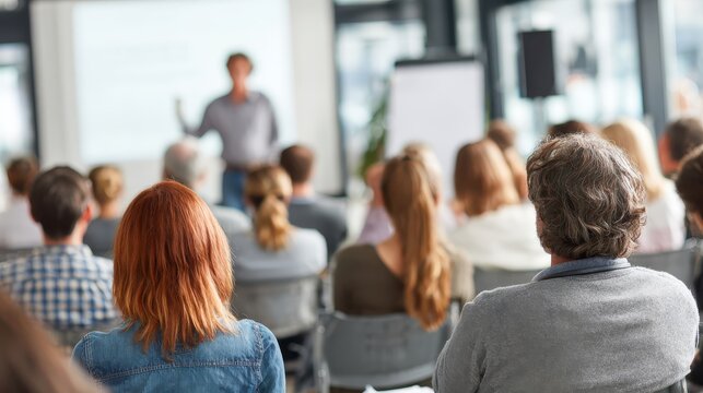 Professional workshop in progress with engaged audience listening to speaker at conference room during training session for skill development and networking