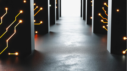 Abstract dark futuristic corridor with glowing circuit board lines on columns, conceptual digital data path