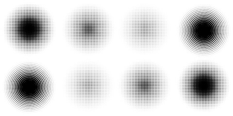 PrintHalftone gradient circles collection. Dots textured round patterns. Cartoon comic radial faded background set. Abstract pixelated elements for frame, poster, collage, banner, flyer. Vector bundle