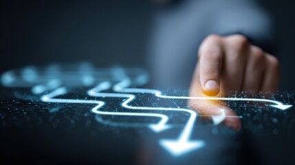 Hand touching glowing digital path with multiple branching arrows on dark background