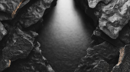 Dark Rock Hole Background with Spotlight, Rough Charcoal Texture 3D Render