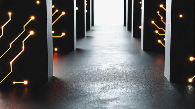 Abstract dark futuristic corridor with glowing circuit board lines on columns, conceptual digital data path
