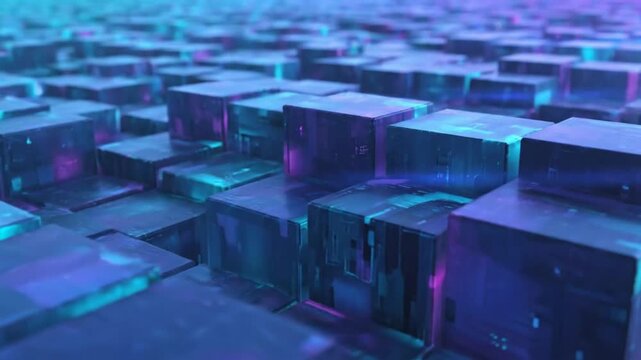 Abstract futuristic cube grid background with vibrant neon colors and dimensional depth effect for modern technology designs