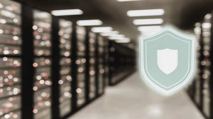 Data Security Concept with Shield Icon Over Blurred Server Room Background