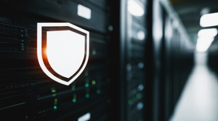 Cybersecurity Data Protection Shield Icon on Server Racks in Data Center