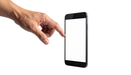 Hand Touching a Smartphone with a Blank Screen Isolated on Transparent Background
