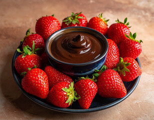 A bowl of fresh strawberries is served with a small side of rich dark chocolate sauce.