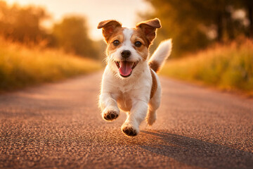 Happy Jack Russell Terrier Running on Country Road at Sunset