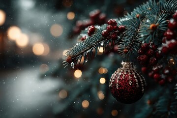 Close-up of a Christmas tree branch with a red ornament and frosted needles among warm lights