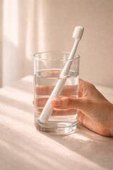 Oral hygiene and daily self care concept with hand holding glass of water and toothbrush in soft natural light for dental health, cleanliness, and wellness lifestyle use