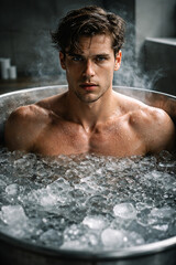 Portrait of a Determined Young Man Exhibiting Mental Toughness and Resilience While Submerged in a Freezing Ice Bath for Cold Stress Conditioning