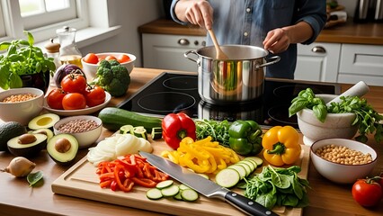 A person preparing a healthy meal in a modern kitchen with various vegetables and ingredients