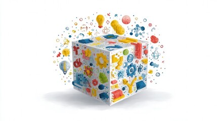 abstract education cube with symbols embedded isolated on white background