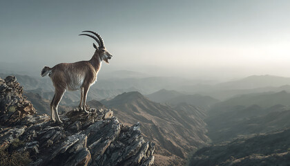 A majestic mountain goat stands watchfully on a misty cliff surveying the rugged wildness below