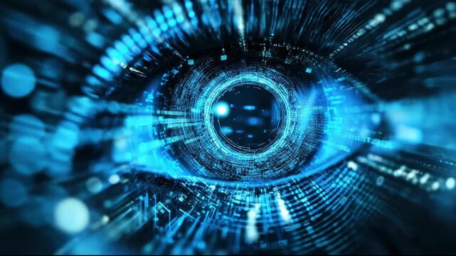 Futuristic digital bionic eye with blue glowing circuitry and biometric data scanning