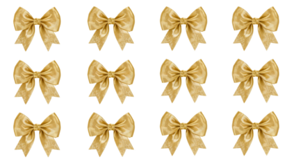 A captivating display of twelve realistic golden decorative bows, each intricately tied, symbolizing joy, elegance, and the spirit of celebration and festive gifting