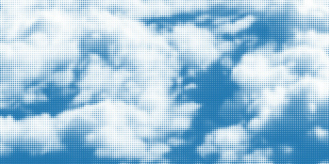 Blue sky background with white halftone clouds vector overlay texture.