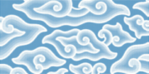 Blue sky background with white halftone clouds vector overlay texture.