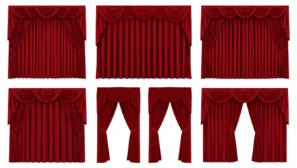 Elegant red theater stage curtains in various elegant draped designs, perfect for event backdrops or dramatic entrances