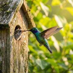 Small Bird Feeding Chicks in Wooden Nest