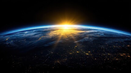 Obraz premium A serene orbital sunrise is displayed with Earth illuminated by blue light, atmospheric glow appearing delicate, and deep space beyond. 