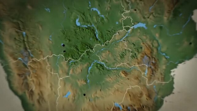 Detailed map of southern Africa, showing country borders, topography, and Madagascar island with dramatic lighting.