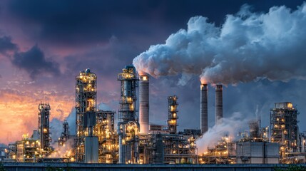 Industrial factory complex with glowing lights and thick smoke plumes against a dramatic twilight sky